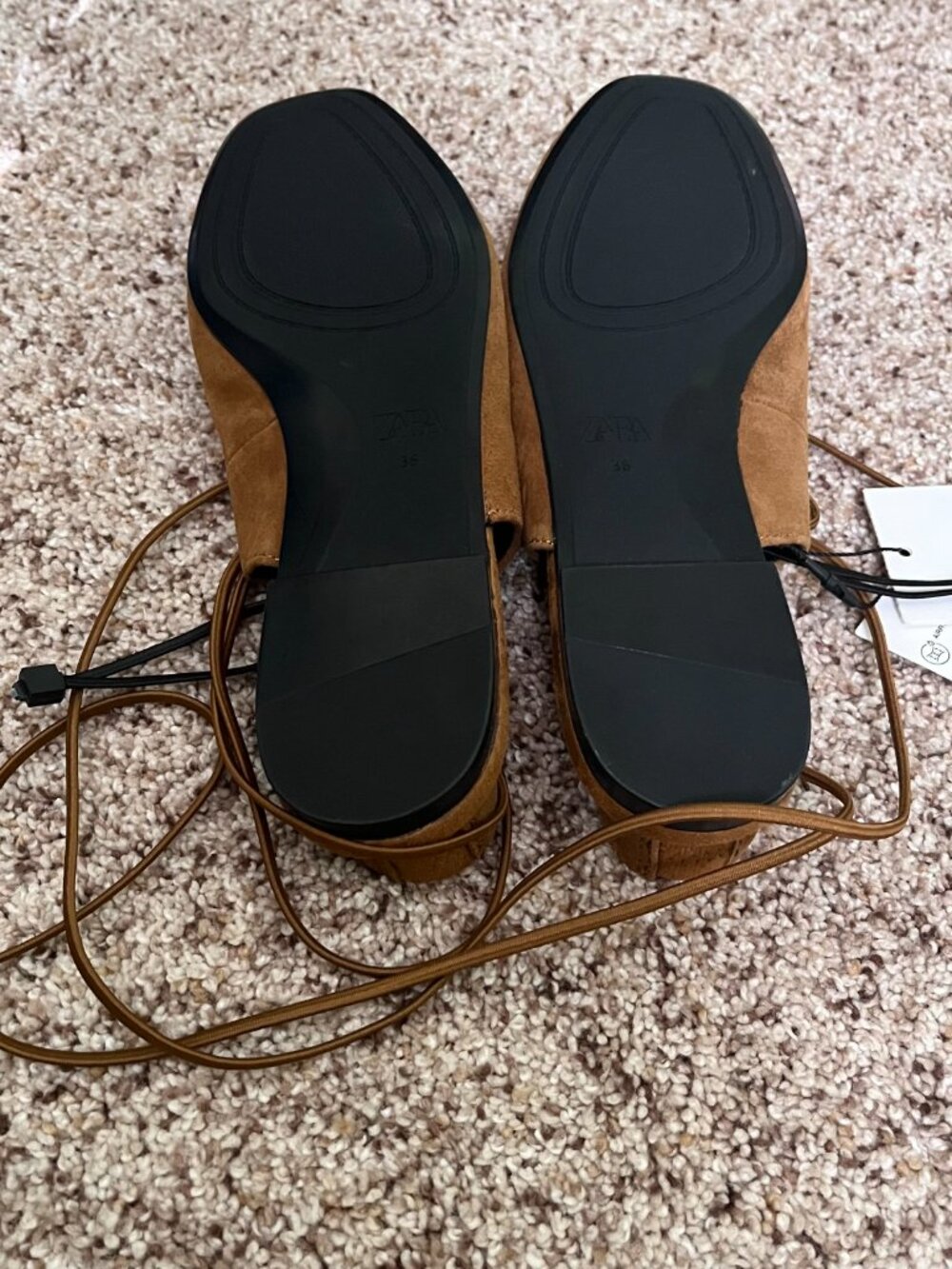 ZARA Dark Tan Suede Slingback Ballet Flats Lace Up Eyelet Shoes Size 6 NWT Chic - Picture 9 of 10